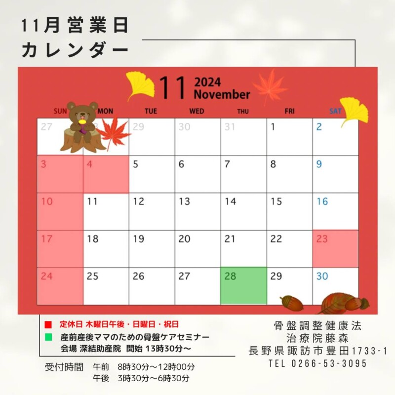 長野県諏訪市の治療院藤森の2024年11月はカレンダー通りの営業となります。どうぞよろしくお願いします。