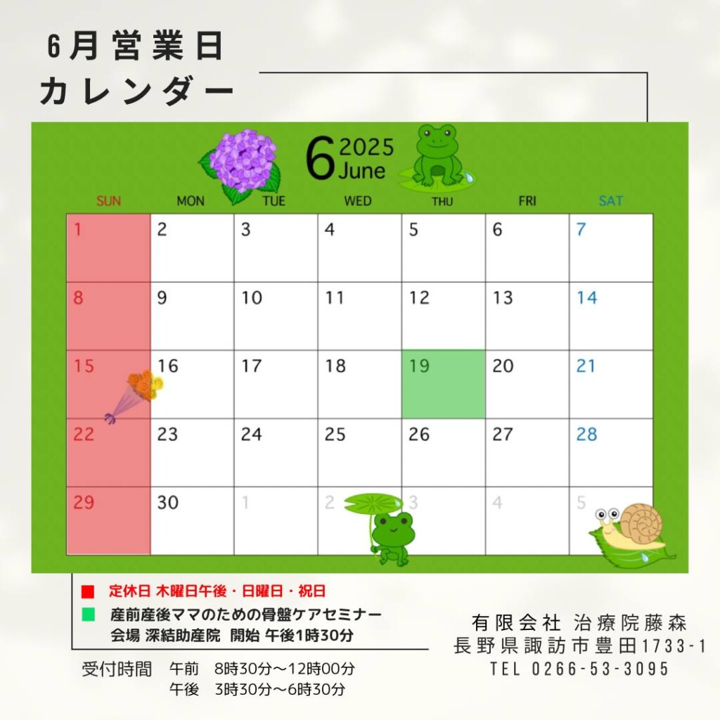 長野県諏訪市豊田の治療院藤森です。2025年6月はカレンダー通りの営業です。