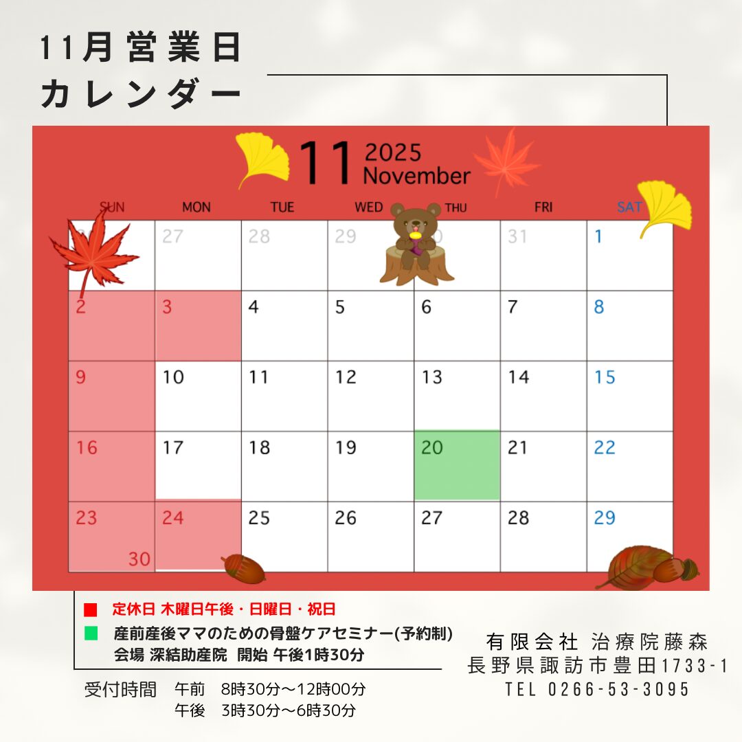 治療院藤森 2025年11月 営業日カレンダー
