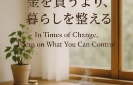 朝の光が差し込む木の窓辺に、湯気の立つカップと塩の瓶が並ぶ。金よりも暮らしを整えることの大切さを伝えるイメージ。