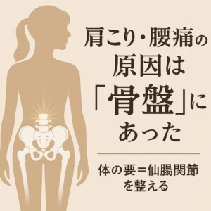 女性のシルエットに骨盤の位置を示したイラスト。仙腸関節が光り、体の要であることを表現。「肩こり・腰痛の原因は『骨盤』にあった」と書かれている。