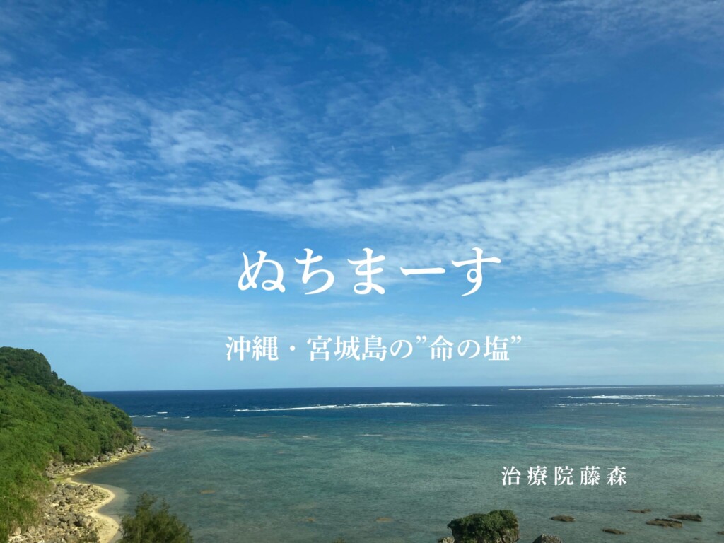 沖縄・宮城島の海を背景にした自然海塩ぬちまーすのアイキャッチ画像。治療院藤森制作。