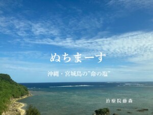 沖縄・宮城島の海を背景にした自然海塩ぬちまーすのアイキャッチ画像。治療院藤森制作。
