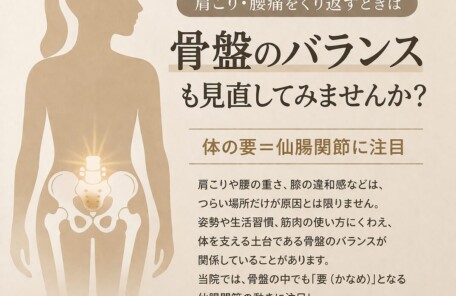 肩こりや腰痛と骨盤のバランスの関係をイメージした女性のイラスト