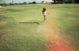 風を感じながら草原を走る子どもの後ろ姿