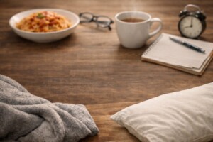 夕方の食欲をテーマにしたブログ記事のアイキャッチ画像。パスタ、温かい飲み物、ノートが机の上に置かれている