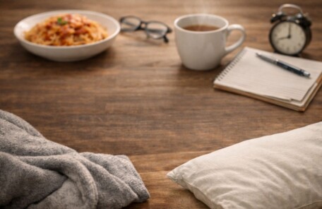 夕方の食欲をテーマにしたブログ記事のアイキャッチ画像。パスタ、温かい飲み物、ノートが机の上に置かれている