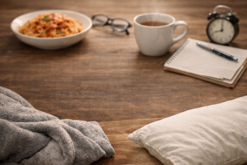 夕方の食欲をテーマにしたブログ記事のアイキャッチ画像。パスタ、温かい飲み物、ノートが机の上に置かれている